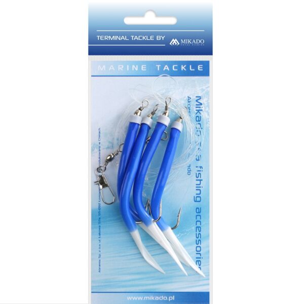 The Mikado Sea SET - Gummi Makk Rig , featuring three durable No. 4/0 blue hooks - expertly crafted for pilker angling.