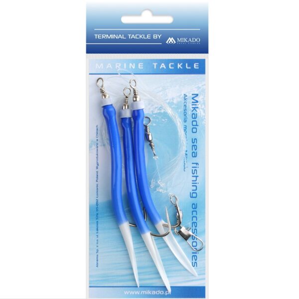 The Mikado Sea SET - Gummi Makk Rig , featuring three durable No. 4/0 blue hooks - expertly crafted for pilker angling.